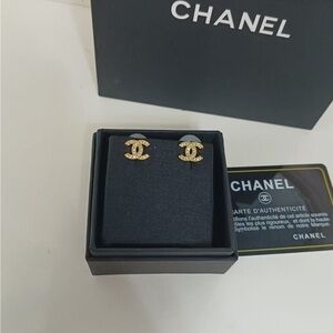 CHANEL Gold CC Logo Stud Earrings with Black Presentation